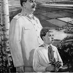 A soviet propaganda poster featuring joseph stalin by artist p, golub, 1949, may our homeland live and flourish