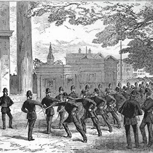 Uprising of 1867 by the Irish Republican Brotherhood. London police officers practising the use of the sabre, England, Ireland, Historic, digitally restored reproduction of an original 19th century master, exact original date unknown