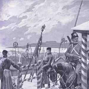 A Cossack station in Manchuria with tribal signs over the mens huts