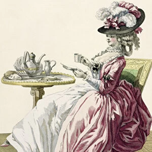 Elegant Woman in a Dress a l Anglaise Drinking Coffee