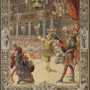 Louis XIV, costumed as the Sun, dancing at le ballet de la nuit (colour litho)