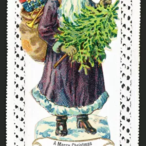 Santa Claus with Toy Sack and Tree, Christmas Card (chromolitho)