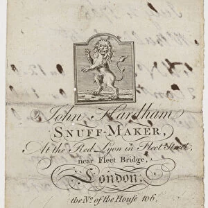 Snuff Maker, John Hardham, trade card (engraving)