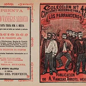 Cover, Canciones Modernas para 1898, Los Parranderos, group, men holding a banner