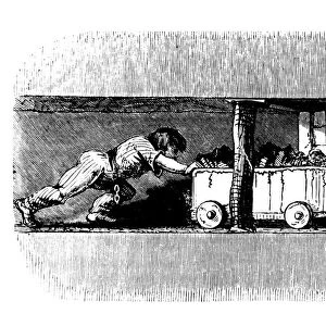 Boy pushing a truck loaded with coal from the coal face to the bottom of the pit shaft, c1848