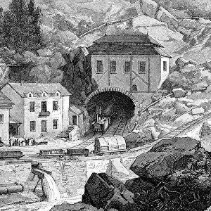 Entrance of the railroad in Saint - Gotthard tunnel in Swiss Alps, engraving, 1882