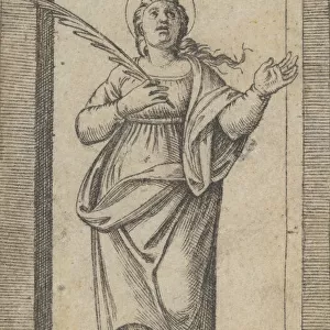 Saint Cecilia standing holding a palm of martyrdom in her right hand, from the se... ca