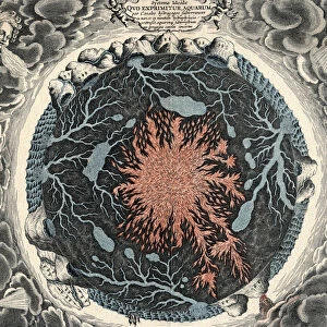 Sectional view of the Earth, showing central fire and underground canals linked to oceans, 1665