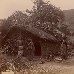 Thatched House, People in Foreground, Telegraph Lines in Background, 1860s-70s
