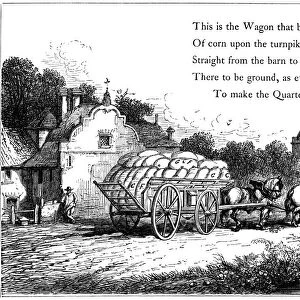 Wagon loaded with sacks of corn on the road to a flour mill, 1860