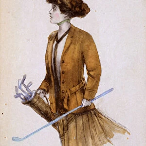 Woman with golf clubs, illustration, c1900