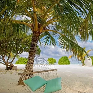 Sunny island beach with palm trees and traditional braided hammock with pillows. Romantic couple summer destination. Paradise landscape. Relax idyllic