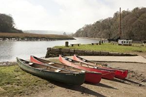 <b class=qtipBold><figcaption>Canoes beside the River Tamar</figcaption></b><br>Canoeing on the River Tamar at Cotehele Quay, below Cotehele House nr Saltash in Cornwall<br><em>© Paul Felix Photography Twelve Beacon Park Pelynt nr Looe Cornwall PL13 2PQ England</em> Canoes beside the River Tamar